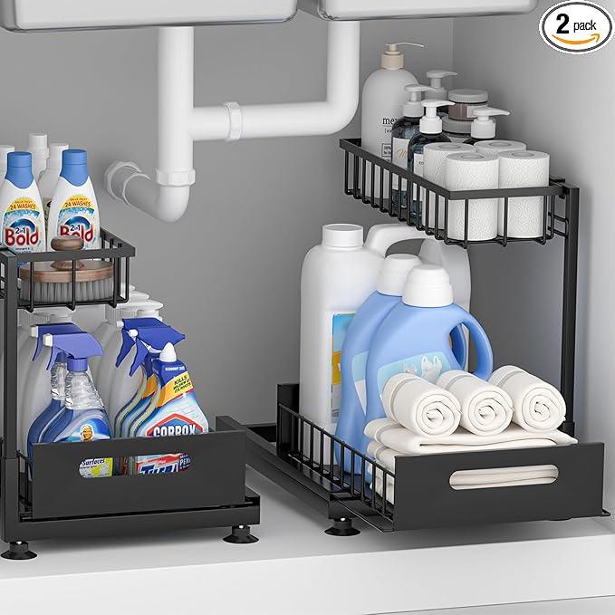 Under Sink Organizer Storage 2-Tier Premium Metal Pull-Out Racks, Height Adjustable, Heavy Dut and Easy Installation for Kitchen & Bathroom Organizers 2 Pack - ModernBath