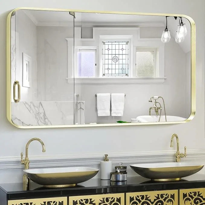 Minuover Gold Metal Framed Bathroom Mirror for Wall, Large Brushed Gold Rounded Corner Rectangular Bathroom Vanity Mirror, Anti-Rust, Tempered Glass, Hangs Horizontally or Vertically (30" x 55", Gold) - ModernBath