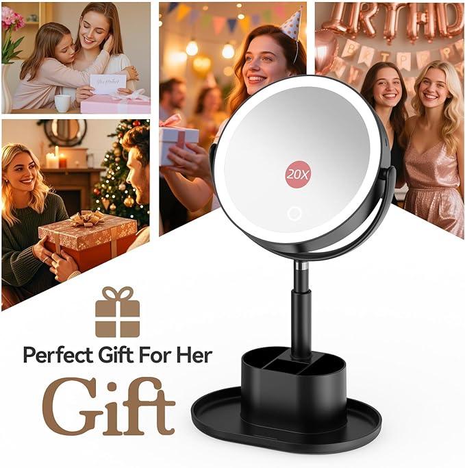 Shinowa Makeup Mirror with Lights, 1X/20X Lighted Magnifying Mirror with Storage for Makeup & Jewelry, 2-Sided Height Adjustable Vanity Mirror with 3 Color Lights, 360° Rotation & Rechargeable, Black - ModernBath