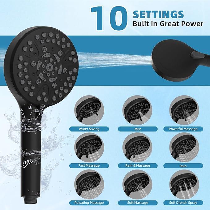 Filtered Shower Head, 10" High Pressure 10-Spray Handheld/Rainfall Shower Head Combo with 20 Stage Shower Filter, 11" Shower Extension Arm, 71" Hose, Shower Head Holder, Matte Black - ModernBath