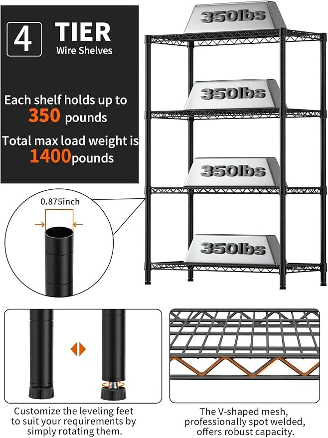 4 Tier Heavy Duty Shelves Adjustable Storage Shelf Organizer Metal Garage Wire Shelving Unit Pantry 18" D x 36" W x 59" H,Black - ModernBath