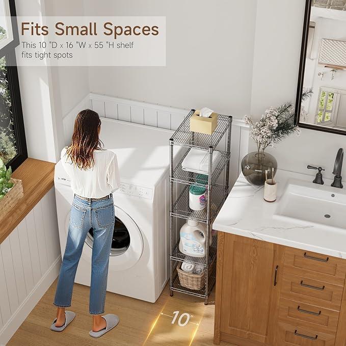 Small 5 tire Shelves Storage Wire Shelving Unit Metal Shelf Adjustable Organizers Storage Shelving for Bathroom Laundry Room Kitchen Pantry10”D x 16”W x 55”H Silver - ModernBath