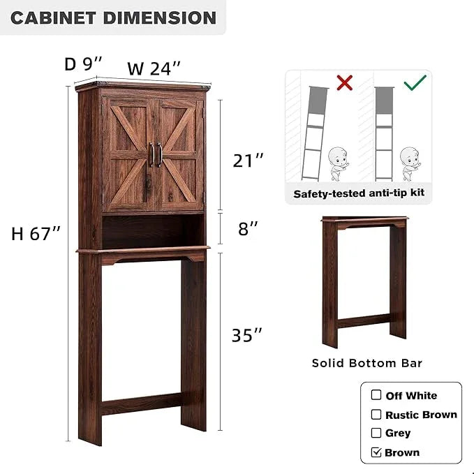 ACCOHOHO Over The Toilet Storage Cabinet, Farmhouse Bathroom Cabinet with Adjustable Shelf & Barn Door, 67" Tall Over The Toilet Shelf, Brown - ModernBath