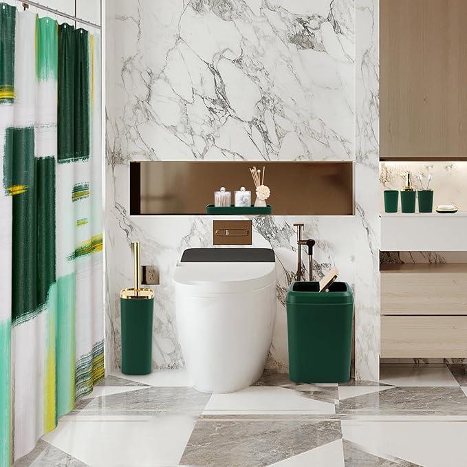 XLHOMO Green and Gold Bathroom Accessories Set, Bathroom Sets with Shower Curtain, Green Bathroom Accessories with Trash Can, Soap Dispenser, Soap Dish, Toilet Brush Holder, Qtip Holders - ModernBath