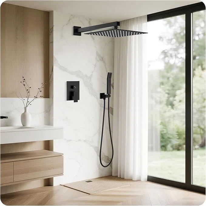 RNDIOZD Black Shower Faucet Set, 10 inch Rain Shower System with Pressure Balance Valve, Wall Mounted 2-Functions Bathroom Shower Systems with Rain Shower and Handheld Spray Shower Trim Included - ModernBath