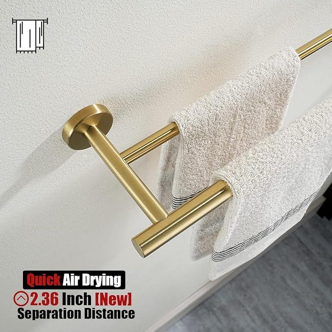 JQK Gold Double Towel Bar, 19 Inch 304 Stainless Steel Thicken 0.8mm Towel Rack Bathroom, Towel Holder Brushed Gold Wall Mount, Useable Length 16 Inch, TB100L16-BG - ModernBath