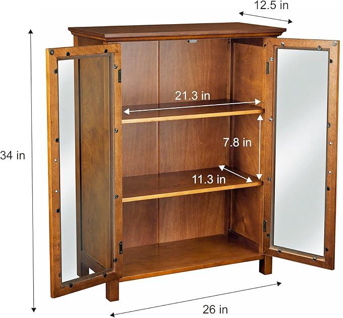 Teamson Home Avery Wooden Freestanding Floor Cabinet with 2 Adjustable Shelves 3 Storage Spaces 2 Glass Paneled Doors and 2 Antique Brass Knobs, Oiled Oak - ModernBath