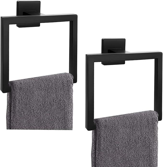 2-Piece Matte Black Square Towel Ring,Modern Hand Towel Holder for Bathroom,Stainless Steel Towel Hangers Wall-Mounted Bathroom Accessories - ModernBath