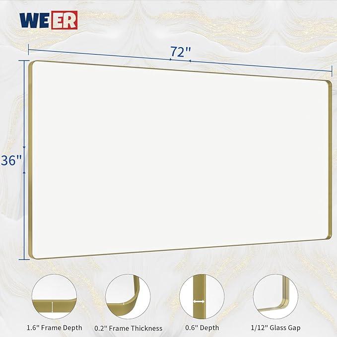 WEER Gold Bathroom Mirror, 72X36 Inch Brushed Gold Metal Frame Mirror, Rounded Rectangle Gold Bathroom Vanity Mirror for Wall, Tempered Glass, Anti-Rust, Hangs Horizontally or Vertically - ModernBath