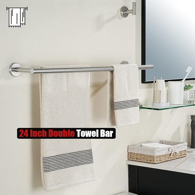 JQK Double Towel Bar 27 Inch, Brushed Steel Useable Length 24 Inch 304 Stainless Steel Thicken 0.8mm Bath Towel Rack for Bathroom, Towel Holder Wall Mount 2 Pack, TB100L24-BN-P2 - ModernBath