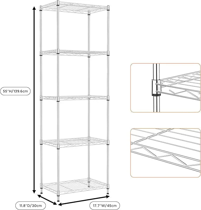 5 Tiers Shelf Metal Storage Shelves Wire Rack Closet Organizers with Wheel for Garage Kitchen Bathroom Laundry Chrome 11.8" D x 17.7" W x 55" H - ModernBath