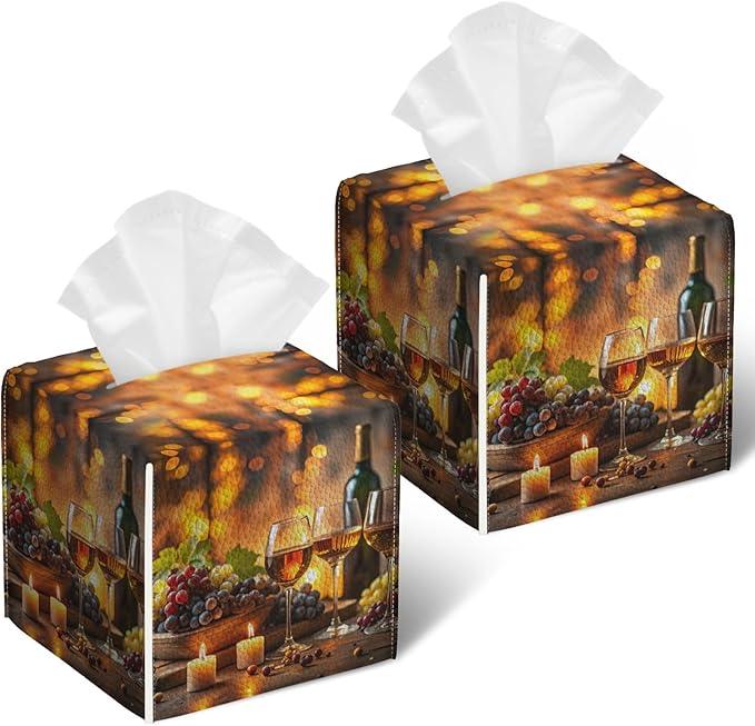 Vintage Wine Glass Tissue Box Cover 2PCS, Leather Tissue Box Holder Square Facial Paper Case Tissue Box Cube Organizer for Bathroom Bedroom Desk Office - ModernBath