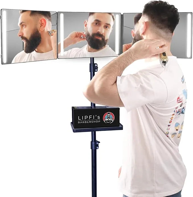 LIPFISBARBERSHOP.COM 360° Mirror with Tripod, 3-Way Mirro for Self Hair Cutting, Includes Crystal-Clear Glass, 4 LEDs, USB-C Fast Charging, Rechargeable Battery (360 Mirror + Tripod + Adapter) - ModernBath