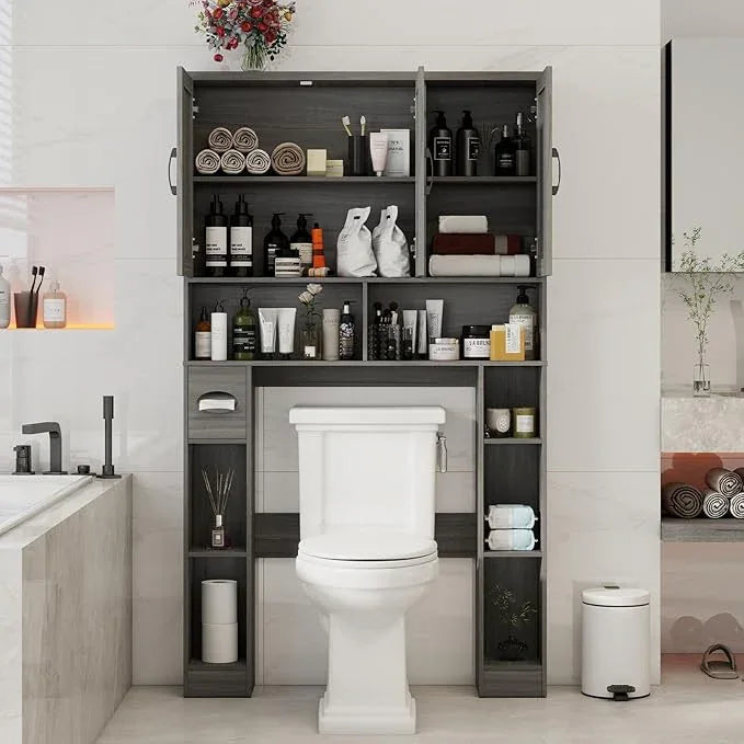 Over The Toilet Storage Cabinet, Farmhouse Toilet Cabinet Rack with 3 Barn Doors, Space Saving Bathroom Organizer with Shelves, Toilet Paper Holder and Towel Rack for Bathroom,Restroom,Laundry - ModernBath
