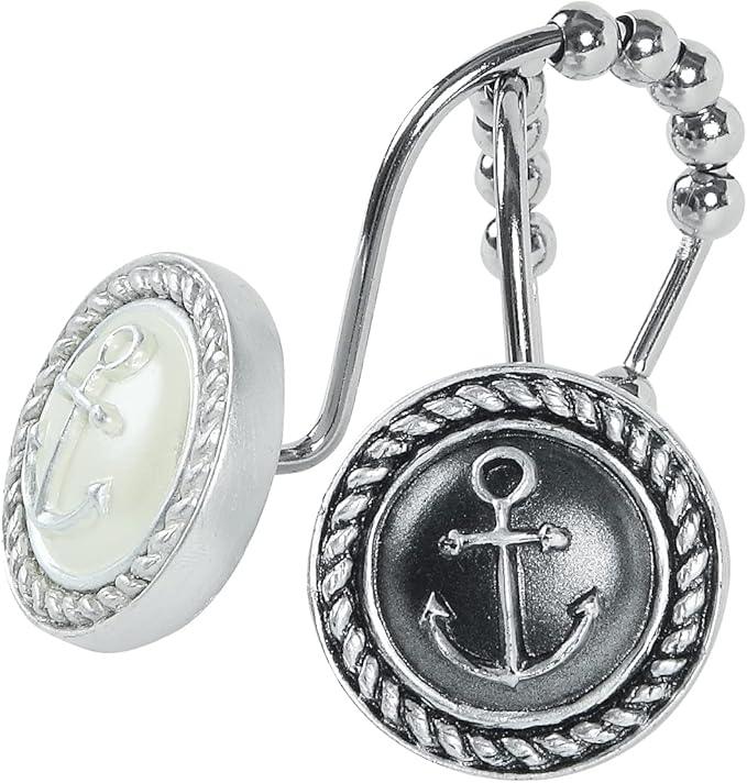 Nautical Anchor Shower Curtain Hooks, Rustproof Black White Ocean Sea Bathroom Curtain Hooks, 5 Roller Ring Balls Shower Hooks for Shower Curtain, Decorative Shower Curtain Hooks, Set of 12 - ModernBath
