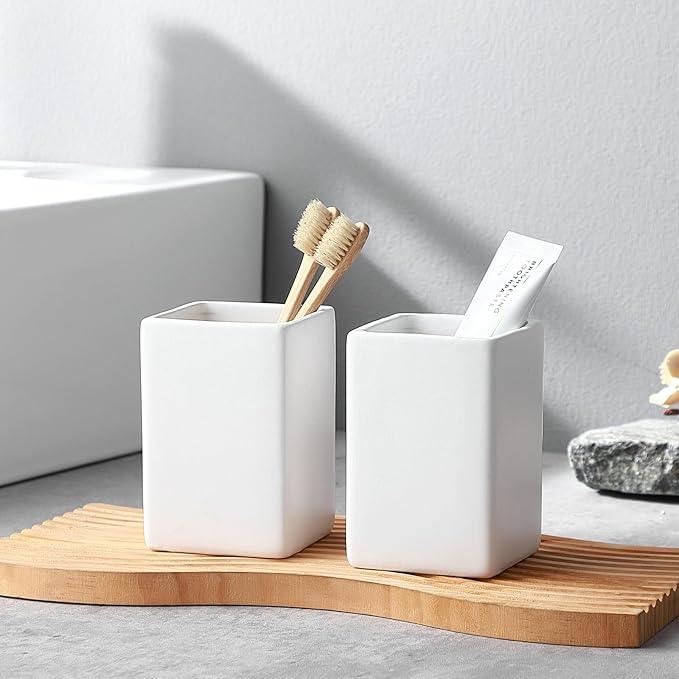 Toothbrush Holders for Bathrooms - 2 Cups Ceramic Square Toothbrush Toothpaste Holders Set, White Square Bathroom Tumbler Cups Reusable Toothbrush Mouthwash Cup, Bathroom Counter Organizer. - ModernBath