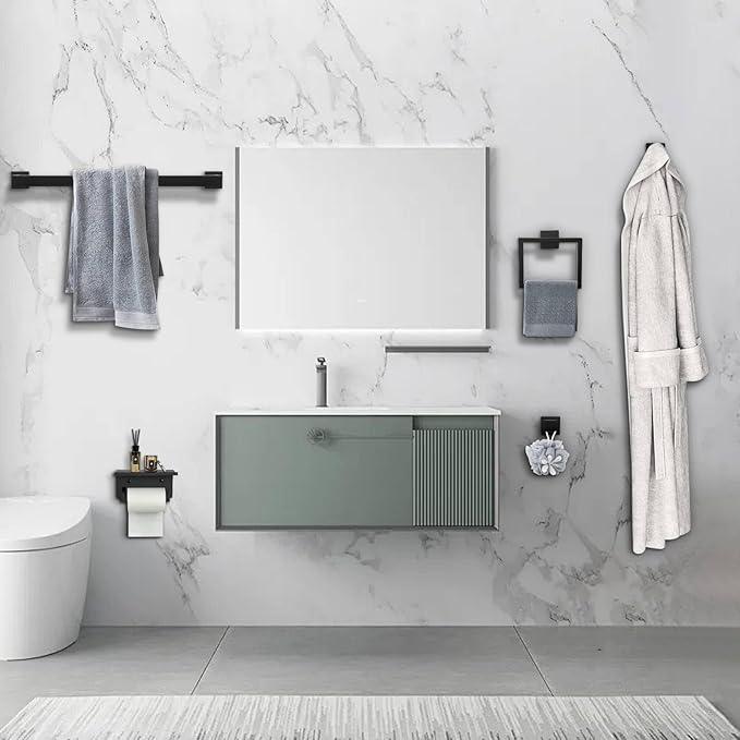 Matte Black Towel Bar Set 5-Piece Bathroom Hardware Accessories Set Includes 23.6 Inch Towel Bar,Toilet Paper Holder with Shelf,Square Towel Ring and Coat Hooks Stainless Steel Wall-Mounted - ModernBath