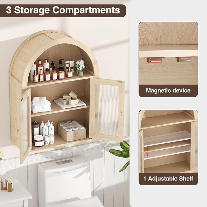 Arched Bathroom Cabinet, Wall Mounted Bathroom Cabinet with Tempered Glass Doors and Adjustable Shelf, for Kitchen, Living Room, Laundry Room, Restroom, Oak - ModernBath