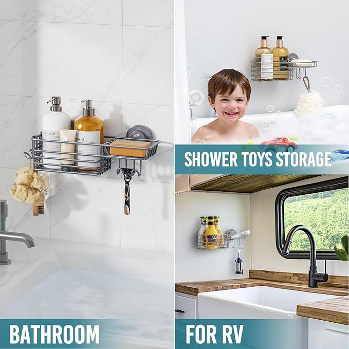 TAILI Shower Caddy Suction Cup with Hooks & Soap holder, Heavy Duty Bathroom Shower Organizer, No Drilling Shower Shelves for Inside bathroom, Metal Storage Basket-Grey - ModernBath