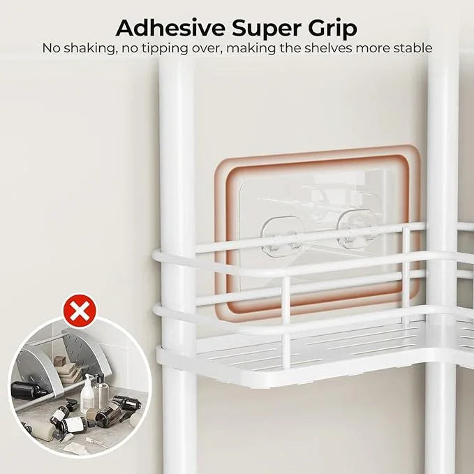 Orimade Rustproof 3 Tier Floor Standing Corner Shower Caddy Organizer with Toothbrush Holder, Large Spacing Floor Shower Shelf Rack Storage Stands with Hooks for Bathroom Kitchen, White - ModernBath