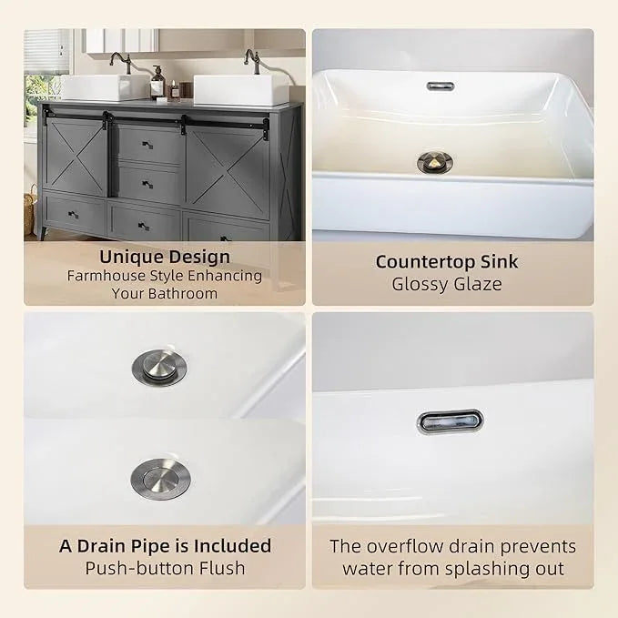 VNN Bathroom Vanity with Sink - 60 Inch Bathroom Vanity Double Sink Ceramic, Freestanding Cabinet with 2 Farmhouse Sliding Barn Doors and 5 Drawers, Space-Saving Storage Cabinet, Grey - ModernBath