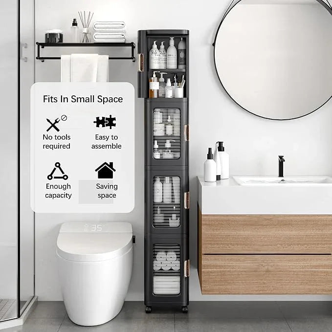 VECELO 4-Tier Tall Narrow Storage Cabinet with Movable Wheels, Adjustable Shelves, Anti-Tip, Slim, for Small Space, Bathroom, Kitchen, Laundry, Black - ModernBath
