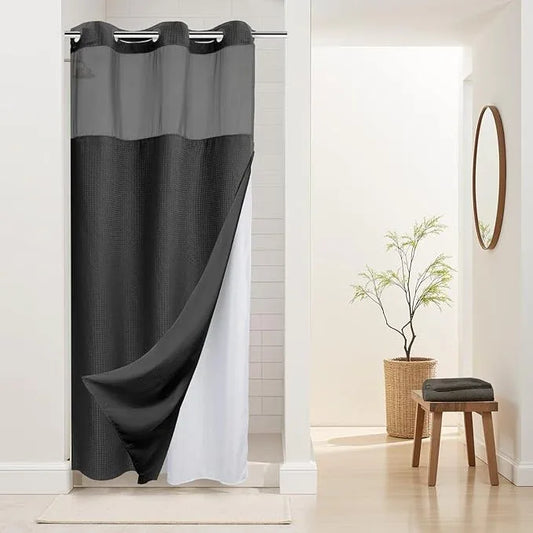 River Dream Stall Heavyweight No Hooks Required Dotted Waffle Weave Shower Curtain with Snap in Liner - 36W x 74H,Hotel Grade,Spa Like Bath Curtain,Graphite Grey - ModernBath
