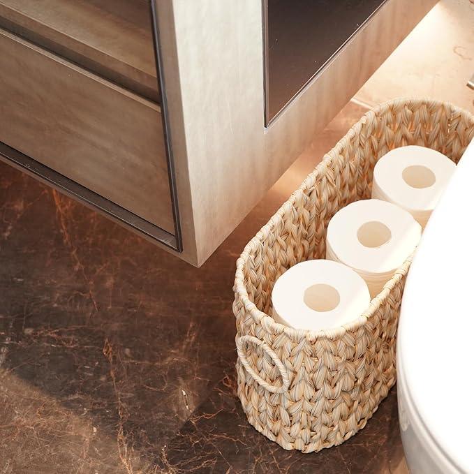 PINXIURY Toilet Paper Storage Basket, Bathroom Toilet Organizer with Strap Handle, Woven Toilet Paper Holder for 6 Mega Rolls, Bathroom Storage, Magazine Holder for Office, Bedroom, Buttermilk - ModernBath