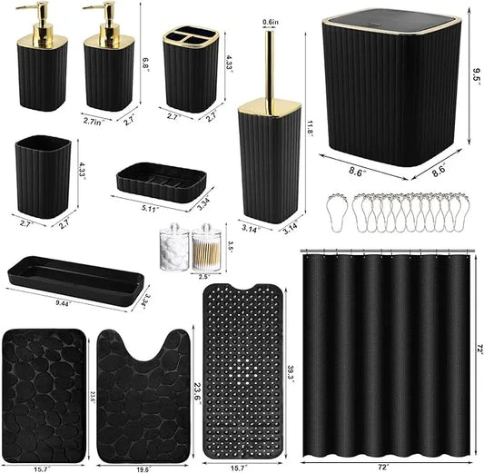XLHOMO 26PC Bathroom Accessories Set - Gorgeous Black Bathroom Set, Bathroom Accessory Set, Black Shower Curtain Set with Bathtub Mats for Shower Tub - ModernBath