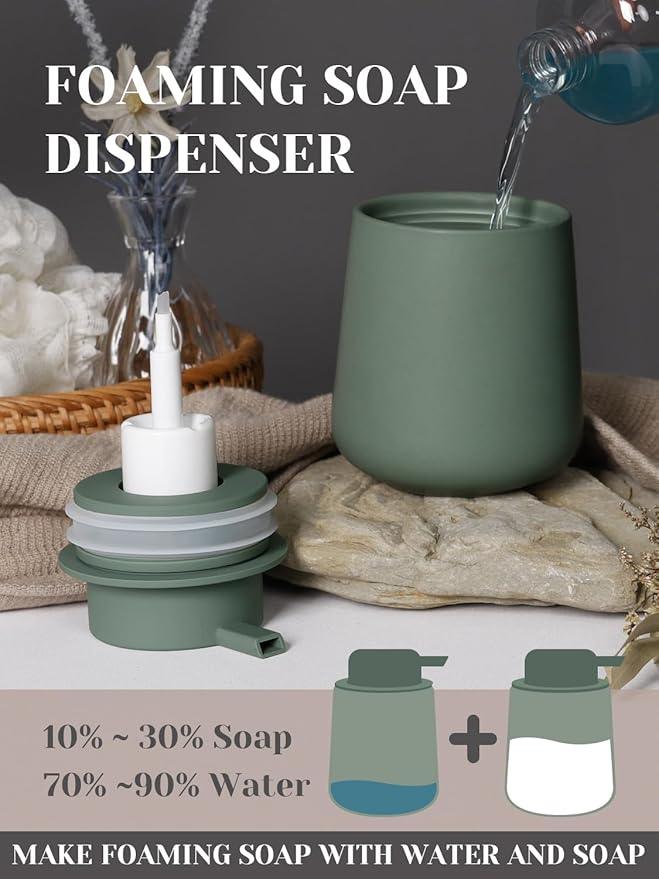 INGOFIN 3 Pcs Ceramic Bathroom Accessory Set - Foam Soap Dispenser, Toothbrush Holder & Tray, Bathroom Counter Set, Countertop Essentials for Home, Guest Bathroom, or Office Use, Matte Green - ModernBath