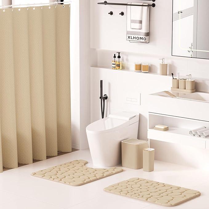 XLHOMO Bathroom Accessories Set - 25PC Bathroom Sets with Shower Curtain and Rugs, Beige Bathroom Set with Trash Can, Soap Dispenser, Soap Dish & Toilet Brush - ModernBath
