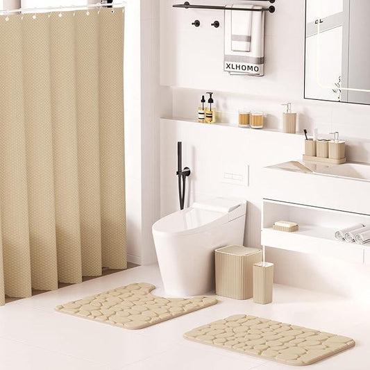 XLHOMO Bathroom Accessories Set - 25PC Bathroom Sets with Shower Curtain and Rugs, Beige Bathroom Set with Trash Can, Soap Dispenser, Soap Dish & Toilet Brush - ModernBath