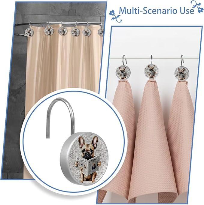 Dog Reading Newspaper Shower Curtain Hooks 12Pcs, Decorative Rust Resistant Shower Rings for Shower Curtain Rods, Stainless Steel Round Curtain Hooks for Bathroom, Bedroom, Farmhouse - ModernBath
