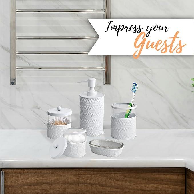 Autumn Alley White Bathroom Accessories Set, 5 Pieces, Bathroom Decor - Soap Dispenser Bathroom/Lotion Dispenser, Toothbrush Holder, 2 Glass Apothecary Jars (Qtip Holder), Soap Holder - ModernBath