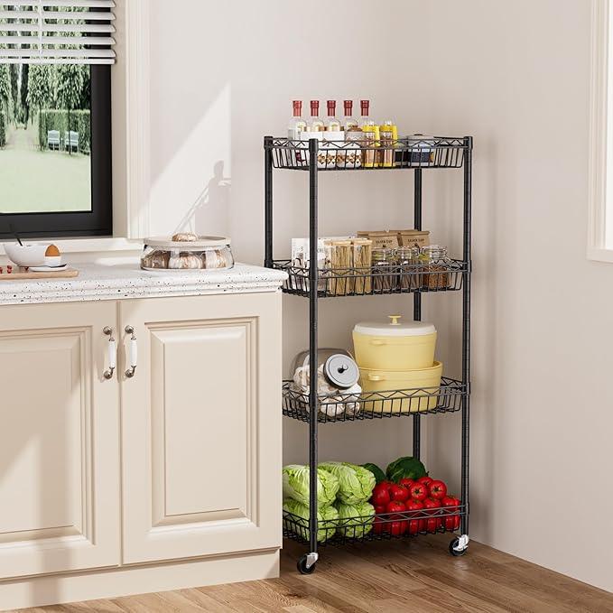 4 Tier Shelf Wire Shelving Unit Adjustable Storage Shelves Big Basket Rack Standing Units for Kitchen Closet Laundry Bathroom Organizers Metal Pantry Mesh 10" D x 16" W x 55" H Black - ModernBath