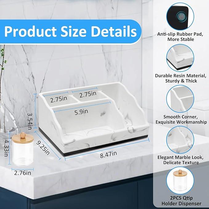 Bathroom Counter Organizer, White Marble Toothbrush Holders for Bathrooms with 2PCS Qtip Holder, Bathroom Organizer Countertop Toothbrush and Toothpaste Holder for Makeup Organizer for Vanity - ModernBath