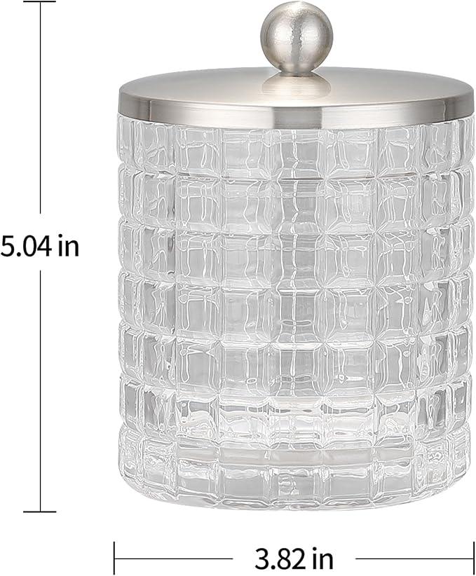 Indecor Home Clear transparent Apothecary Etched Geometric Grid Glass Jar W/Satin Nickel Metal Lid Cover for Bathroom Organization, Cotton Balls, Q Tips, and Small Accessories, Bathroom Storage - ModernBath