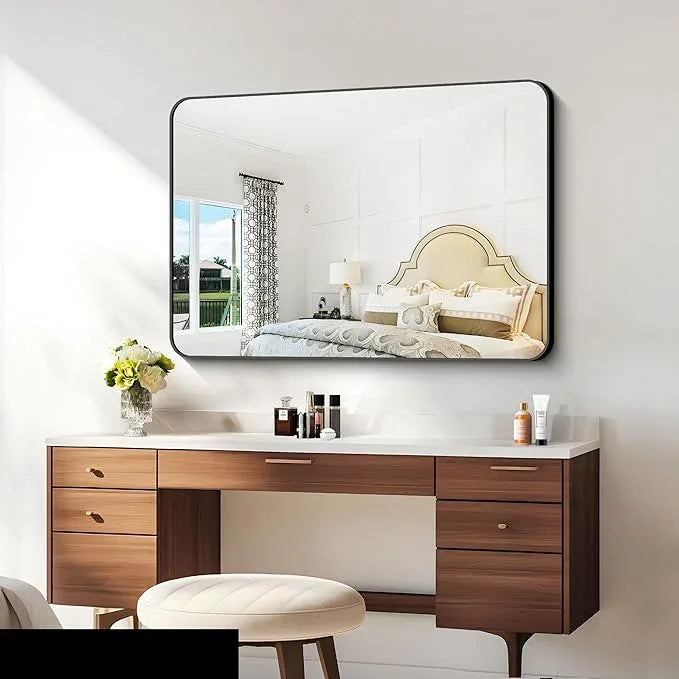 BONEWEI 30x40 inch Bathroom Mirror,Black Rectangle Mirror,Wall Mounted Bathroom Frame Vanity Mirror with Round Corner for Bedroom Living Room, Entryway Hangs Horizontal or Vertical - ModernBath