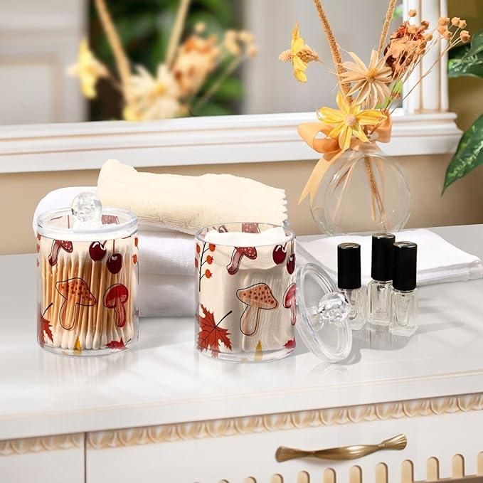 Tatenale Qtip Holder Bathroom Set Q tip Cotton Ball Swab Pad Dispenser Container Organizer Plastic Jars with Lids Storage 2Pack Fall Leaves Rowanberry and Mushroom - ModernBath