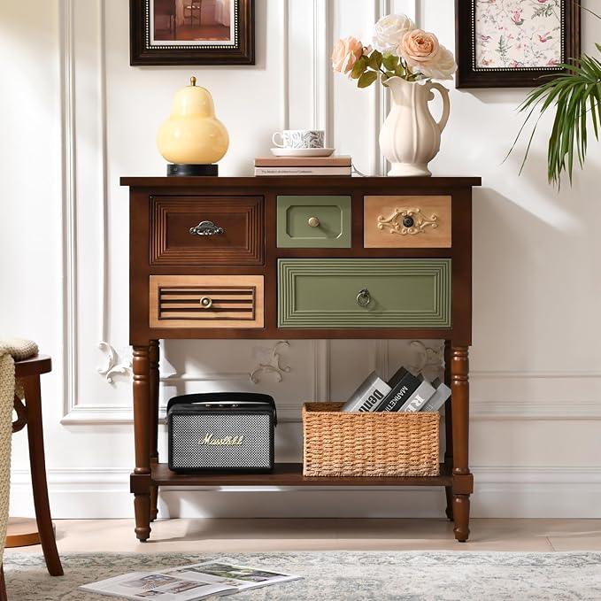Vintage Accent Cabinet with 5 Drawers and Open Shelf, Multi-Tone Console Table with Turned Wood Legs, Mid-Century Entryway Table for Hallway or Living Room - ModernBath