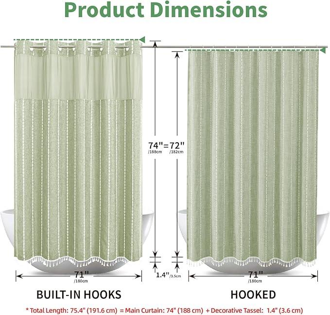 eachope Sage Green Farmhouse No Hook Shower Curtain Set with Snap-in Fabric Liner,Boho Heavy-Duty Linen Textured Rustic Striped Design,Water-Repellent with Tassels and Sheer Window,71x74 - ModernBath