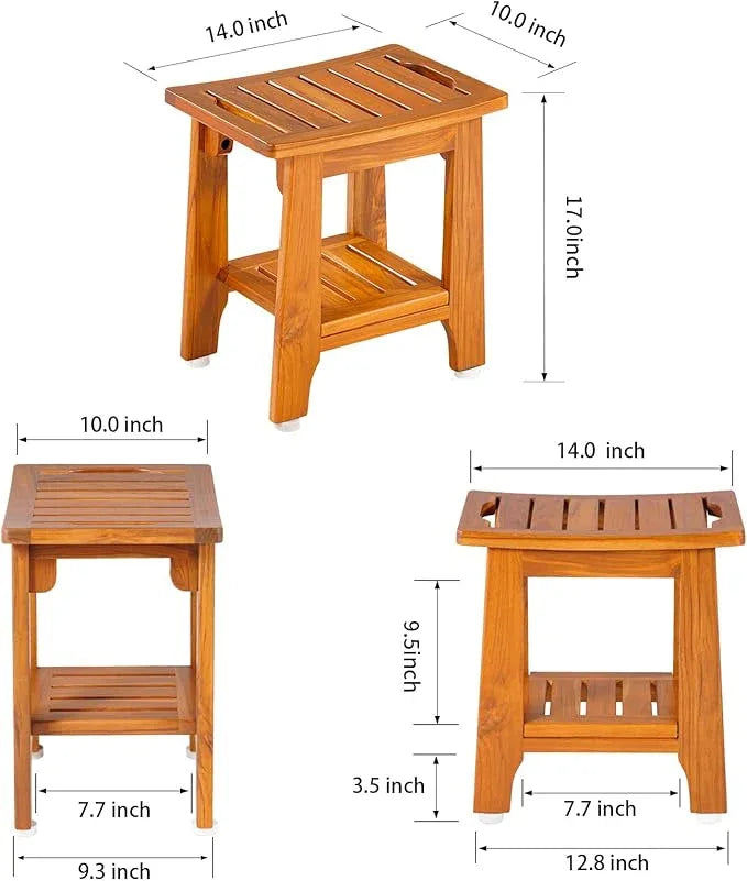 14" Compact Teak Shower Stool with Shelf & Handle - Waterproof, Non-Slip Bath Bench for Small Bathrooms/Outdoor Use, 300 lbs Capacity (Patented) - ModernBath