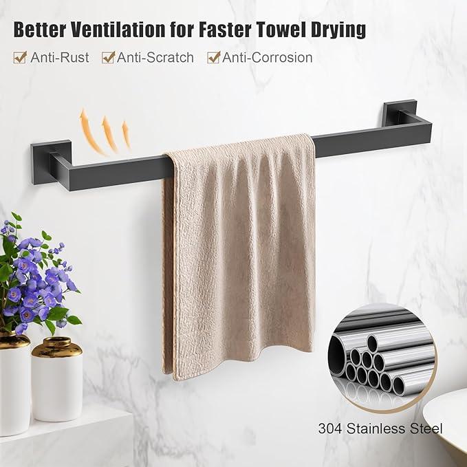 TQKAG Matte Black Bathroom Hardware Accessories Set 5 Pieces, Double Post Pivoting Toilet Paper Holder Set Stainless Steel Square Bathroom Towel Bar Holder Set Wall Mounted - ModernBath