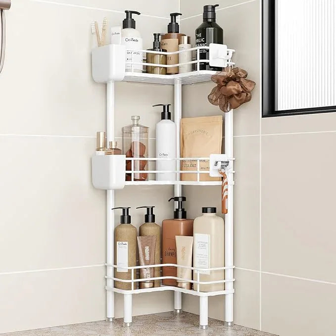 Orimade Rustproof 3 Tier Floor Standing Corner Shower Caddy Organizer with Toothbrush Holder, Large Spacing Floor Shower Shelf Rack Storage Stands with Hooks for Bathroom Kitchen, White - ModernBath