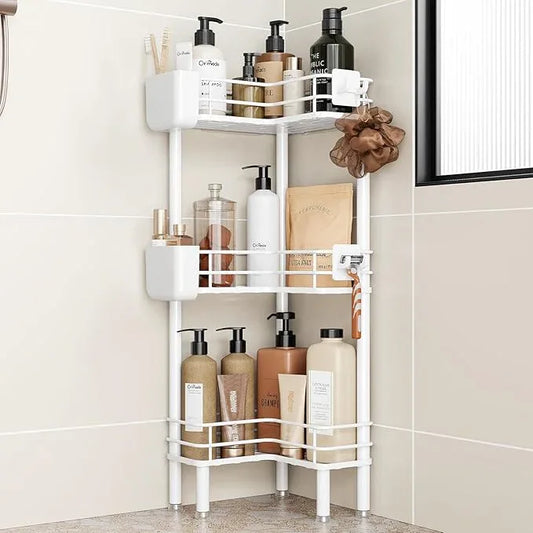 Orimade Rustproof 3 Tier Floor Standing Corner Shower Caddy Organizer with Toothbrush Holder, Large Spacing Floor Shower Shelf Rack Storage Stands with Hooks for Bathroom Kitchen, White - ModernBath