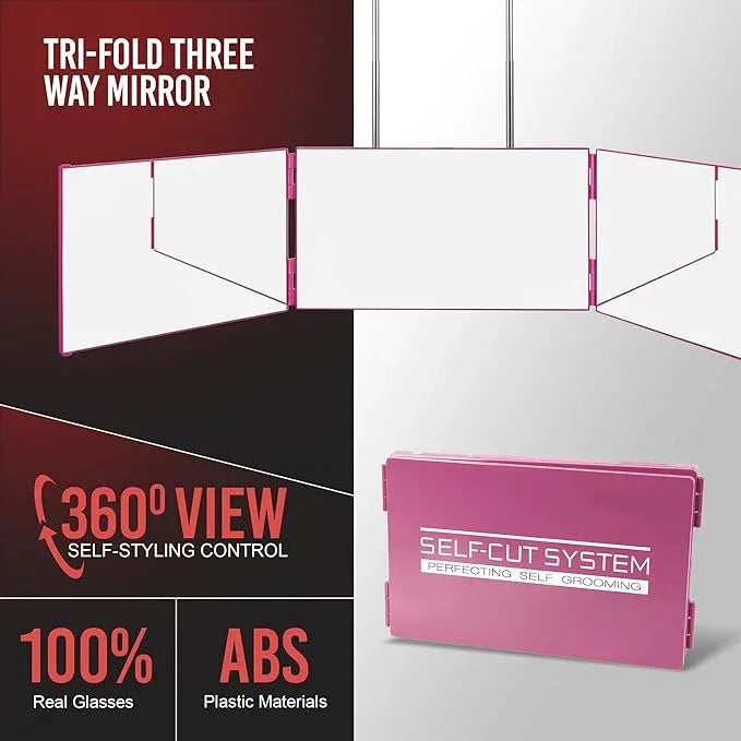 Self-Cut System 3 Way Mirror for Braiding Hair, Styling & Hair Coloring - Tri-Fold Three Way Mirror with Telescoping Hooks - Compact & Travel Size - Over-the-Door Mount for DIY Haircuts, Makeup - Pink - ModernBath