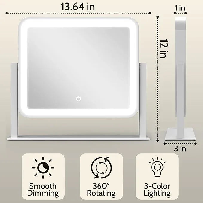 ROLOVE 14"x12"Vanity Mirror, Lighted Makeup Mirror for Vanity Desk, Smart Touch Control, 360° Rotation, 3-Color Modes, Gifts for Women, Bedroom, White - ModernBath