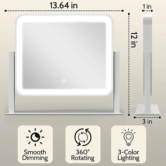 ROLOVE 14"x12"Vanity Mirror, Lighted Makeup Mirror for Vanity Desk, Smart Touch Control, 360° Rotation, 3-Color Modes, Gifts for Women, Bedroom, White - ModernBath