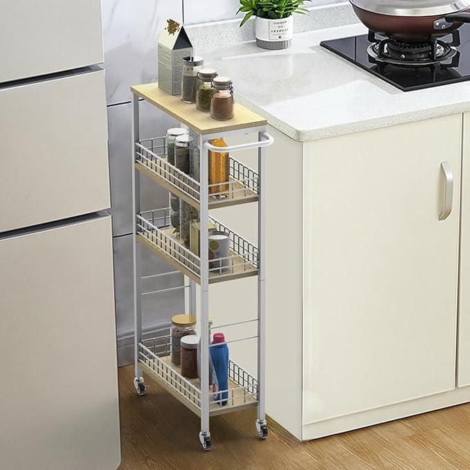 Slim Storage Cart White Narrow Storage Cabinet 4 Tier Laundry Room Organization Mobile Bathroom Shelving Unit Organizer Rolling Utility Cart Slide Out Kitchen Cart Tower Rack for Narrow Places 7.08’’W - ModernBath