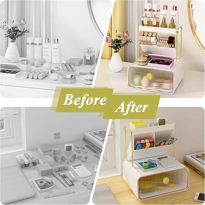 FOLLOWIN Bathroom Counter Organizer with Drawer,Dresser Top Organizer with Make Up Brush Holder,Makeup Shelf,Vanity Organizers,Cosmetic Perfume Organizer,Clear - ModernBath